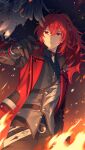  1boy absurdres bangs bird black_gloves bshi_edayo coat diluc_(genshin_impact) diluc_(red_dead_of_night)_(genshin_impact) fire genshin_impact gloves hair_between_eyes highres jacket long_hair long_sleeves male_focus official_alternate_costume owl ponytail red_eyes red_hair red_jacket solo vest 