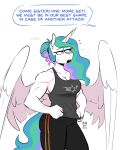  anthro anthrofied biceps bodily_fluids breasts cleavage clothed clothing dialogue english_text equid equine female friendship_is_magic hair hair_bun hasbro hi_res horn mammal multicolored_hair muscular muscular_female my_little_pony offscreen_character oof princess_celestia_(mlp) redxbacon solo sweat sweatdrop text winged_unicorn wings 