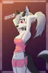  2:3 absurd_res anthro canid canid_demon clothed clothing demon ear_piercing female fluffy fluffy_tail grey_hair hair hellhound helluva_boss hi_res looking_at_viewer loona_(helluva_boss) mammal multicolored_body partially_clothed piercing red_eyes risangdrawstuff sleepwear solo 