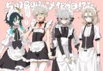  4boys :d ? albedo_(genshin_impact) alternate_costume androgynous apron aqua_eyes aqua_hair back_bow bandaid bandaid_on_face bandaid_on_nose bangs bare_shoulders bennett_(genshin_impact) black_bow black_bowtie black_corset black_dress black_hair black_vest blush bow bowtie braid closed_mouth collarbone collared_dress commentary_request corset cowboy_shot cross-laced_clothes crossdressing detached_collar dress embarrassed enmaided expressionless eyelashes flower frilled_apron frilled_dress frilled_sleeves frills genshin_impact gloves gradient_hair green_eyes green_hair grey_hair hair_between_eyes hair_bow hair_flower hair_ornament hand_up highres juliet_sleeves light_brown_hair long_hair long_sleeves looking_at_another looking_to_the_side maid maid_apron maid_headdress male_focus medium_hair multicolored_hair multiple_boys open_mouth otoko_no_ko parted_bangs pink_background puffy_short_sleeves puffy_sleeves razor_(genshin_impact) red_eyes short_hair short_hair_with_long_locks short_sleeves side_braids sidelocks simple_background sleeveless sleeveless_dress smile speech_bubble standing sweatdrop tamaon teeth thighhighs translation_request twin_braids twintails two-tone_dress upper_teeth venti_(genshin_impact) very_long_hair vest vision_(genshin_impact) waist_apron white_apron white_bow white_dress white_flower white_gloves white_headwear white_thighhighs wing_collar wrist_cuffs 