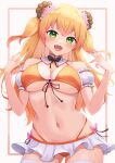  1girl :d alternate_costume animal_ears bare_shoulders bear_ears bikini bikini_skirt blonde_hair blush breasts cleavage commentary contrapposto cowboy_shot detached_collar detached_sleeves fangs front-tie_bikini_top front-tie_top green_eyes highres hololive large_breasts long_hair looking_at_viewer momosuzu_nene multi-strapped_bikini_bottom narrow_waist navel open_mouth orange_bikini puffy_detached_sleeves puffy_short_sleeves puffy_sleeves short_sleeves skin_fangs smile solo stomach string_bikini swimsuit thighhighs two_side_up typho underboob virtual_youtuber w_arms white_thighhighs wide_hips 