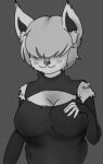  a2p_s2k anthro arm_warmers armwear big_breasts breasts clothed clothing felid feline female hair_in_face hand_on_breast mammal monochrome simple_background smile solo 