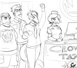  anthro clothed clothing computer dinosaur female group hair hat headgear headwear hi_res long_snout male monochrome necktie pupils reptile rexhastala scalie sketch slit_pupils snoot_game_(fan_game) snout taxi_driver_(snootgame) 