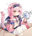  1girl animal_ears arknights black_hairband blue_bow bow box braid cardboard_box cat_ears cat_girl cat_tail floppy_ears goldenglow_(arknights) hair_bow hairband highres in_box in_container jacket light_blush lightning_bolt_print long_hair long_sleeves looking_at_viewer multicolored_clothes multicolored_jacket open_mouth pink_hair pink_jacket print_hairband simple_background single_braid solo staff tail thighhighs two-tone_jacket white_background white_thighhighs yellow_eyes yunweishukuang 