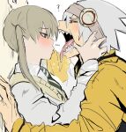  1boy 1girl ? absurdres blush finger_in_another&#039;s_mouth from_side green_eyes grey_hair grey_shirt hetero highres jacket kabedon kurenaiz1 light_brown_hair long_sleeves maka_albarn necktie open_mouth red_eyes sharp_teeth shirt soul_eater soul_evans teeth tongue tongue_out twintails yellow_jacket 