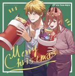  1boy 1girl bangs blonde_hair boots brown_hair chainsaw_man christmas christmas_stocking denji_(chainsaw_man) emphasis_lines hair_between_eyes highres holding holding_boots holding_clothes holding_footwear horns long_hair looking_at_object merry_christmas open_mouth orange_eyes pink_shirt power_(chainsaw_man) red_horns riki_(riki_unc) santa_boots sharp_teeth shirt short_hair simple_background smile teeth white_shirt 