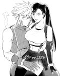  1boy 1girl arm_guards bangs bare_shoulders black_hair black_thighhighs blush breasts cloud_strife collarbone couple crop_top detached_sleeves earrings final_fantasy final_fantasy_vii final_fantasy_vii_remake fingerless_gloves gloves greyscale highres jewelry large_breasts looking_at_viewer midriff monochrome mugikoma navel sitting sitting_on_lap sitting_on_person skirt sleeveless sleeveless_turtleneck spiked_hair suspender_skirt suspenders sweater tank_top thighhighs tifa_lockhart turtleneck turtleneck_sweater twintails twitter_username white_background zettai_ryouiki 