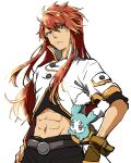  1boy abs absurdres bangs belt buttons creature crop_top cropped_jacket fingerless_gloves gloves green_eyes hand_on_hip high_collar highres kudou_makoto long_hair looking_at_viewer luke_fon_fabre mieu_(tales) red_hair sidelocks tales_of_(series) tales_of_the_abyss white_background 