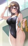  1girl black_one-piece_swimsuit blush brown_hair collarbone commentary_request competition_swimsuit covered_navel goggles goggles_on_head harimoji highres looking_at_viewer one-piece_swimsuit open_mouth original red_eyes short_hair solo swimsuit thighs wet wet_clothes wet_hair wet_swimsuit 