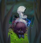  1boy 1girl all_fours armor artist_name ass black_hair body_markings bow_(weapon) bush english_commentary flying_sweatdrops from_behind from_side furry furry_female grass green_eyes grrnele highres holding holding_bow_(weapon) holding_weapon kayn_(league_of_legends) kindred_(league_of_legends) lamb_(league_of_legends) league_of_legends long_hair mask nature outdoors shiny shiny_hair shoulder_armor sitting sitting_on_person water weapon white_fur white_hair 
