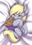  absurd_res bed blonde_hair cutie_mark derpy_hooves_(mlp) equid equine feathered_wings feathers female feral food friendship_is_magic fur furniture grey_body grey_feathers grey_fur hair happy hasbro hi_res inner_ear_fluff mammal muffin my_little_pony pegasus smile taytinabelle tuft wings yellow_tail 