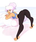  1girl :d ass bare_arms bare_shoulders bent_over black_leggings blue_eyes breasts cloud commentary feet full_body leggings legs legs_apart looking_at_viewer medium_breasts no_shoes open_mouth original pink_hair simple_background smile solo squeezable_(artist) stirrup_legwear symbol-only_commentary taffy_(squeezable) tiptoes toeless_legwear toes 
