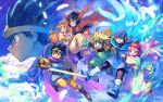  3girls 4boys black_hair blonde_hair blue_armor blue_cape blue_eyes blue_headwear blue_sky boots brown_eyes cape carrying cloud cloudy_sky dragon_quest dragon_quest_i dragon_quest_ii dragon_quest_iii dress full_body gloves goggles goggles_on_headwear helmet hero_(dq1) heroine_(dq3) holding holding_shield holding_sword holding_weapon long_hair long_sleeves multiple_boys multiple_girls open_mouth orange_cape orange_hair pointing pointing_forward prince_of_lorasia prince_of_samantoria princess_carry princess_laura princess_of_moonbrook purple_cape purple_hair red_cape red_eyes red_headwear roto shield short_hair sky sword tiara tunic weapon yellow_dress yuza 