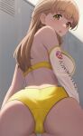  1girl arched_back ass ayato_utae back bangs bare_shoulders bikini breasts cameltoe clothes_writing commentary_request cowboy_shot dolphin_wave elbow_gloves from_behind gloves half_updo highres indoors kurosuke_(p5_kurosuke) large_breasts light_blush light_brown_hair locker locker_room long_hair looking_back mole mole_under_eye multi-strapped_bikini multi-strapped_bikini_bottom parted_lips single_elbow_glove solo standing swimsuit two-tone_bikini white_bikini white_gloves yellow_bikini yellow_eyes 