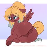  1:1 amaichix anus big_butt blonde_hair blush brown_body brown_feathers butt equid equine eyewear feathers female feral genitals glasses hair hasbro huge_butt mammal my_little_pony pegasus pussy solo thick_thighs wings 