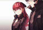  1boy 1girl absurdres amamiya_ren black_hair black_jacket black_leotard black_ribbon blush buttons grey_shirt hair_ribbon high_collar highres jacket leotard long_hair mask no_mask open_clothes open_jacket persona persona_5 persona_5_the_royal pocket ponytail red_eyes red_hair ribbon shirt short_hair staring tsubsa_syaoin upper_body white_mask yoshizawa_kasumi 