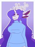  3:4 4_ears animated anthro big_breasts blue_clothing blue_sweater blue_topwear bouncing_breasts breasts clothed clothing dragon ear_piercing featureless_breasts featureless_crotch female frozen_(hecatefroz) fur hair hi_res horn long_hair multi_ear nude piercing purple_body purple_eyes purple_fur purple_hair purple_scales ranara scales short_playtime smile solo sweater topwear white_body white_scales 
