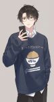  1boy black_hair blue_sweater bshi_edayo cellphone glasses green_eyes grey_pants highres holding holding_phone iphone long_sleeves male_focus open_mouth original pants phone smartphone solo sweater 