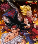  3boys akuma_(street_fighter) akuma_(street_fighter)_(cosplay) artist_name back barefoot black_hair blonde_hair broly_(dragon_ball_z) closed_mouth cosplay dougi dragon_ball dragon_ball_z fellipart gloves headband highres ken_masters ken_masters_(cosplay) large_pectorals male_focus multiple_boys muscular muscular_male pectorals red_hair red_headband ryu_(street_fighter) ryu_(street_fighter)_(cosplay) serious short_hair smile son_goku spiked_hair street_fighter super_saiyan super_saiyan_1 vegeta 