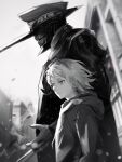  1boy 1girl akane_sawatari_(chainsaw_man) black_coat chainsaw_man coat grey_hair greyscale hat height_difference highres hood hoodie hybrid katana_man_(chainsaw_man) kozzz_y medium_hair military_hat monochrome slit_pupils smoke teeth 