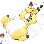  1:1 absurd_res aka_leopard anthro blush female genitals hi_res looking_at_viewer mega_ampharos mega_evolution nintendo pokemon pokemon_(species) pussy simple_background solo spread_legs spreading video_games white_background white_body yellow_body 