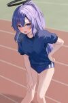  1girl black_shirt blue_archive blue_buruma buruma fanteam gym_uniform halo highres lanyard official_alternate_costume ponytail purple_eyes purple_hair shirt solo sportswear thighs yuuka_(blue_archive) yuuka_(gym_uniform)_(blue_archive) 