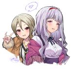  2girls :d anastasia_(idolmaster) black_ribbon breasts brown_eyes brown_hair brown_jacket collared_shirt cropped_torso dress_shirt fox_shadow_puppet fringe_trim fur-trimmed_sleeves fur_trim hairband heart high-waist_skirt idolmaster idolmaster_(classic) idolmaster_cinderella_girls ittokyu jacket long_sleeves medium_breasts multiple_girls neck_ribbon open_clothes open_jacket purple_hair red_eyes red_hairband ribbon shared_speech_bubble shawl shijou_takane shirt simple_background skirt smile speech_bubble spoken_heart suspender_skirt suspenders upper_body white_background white_shirt 