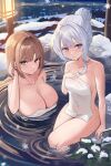  2girls absurdres bangs bathing blue_eyes breasts brown_eyes brown_hair cleavage hair_bun highres large_breasts looking_at_viewer medium_breasts multiple_girls naked_towel onsen original parted_lips partially_submerged sidelocks snow somyo_(s0my0) towel white_hair 