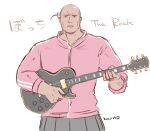  1boy bald bocchi_the_rock! cube_hair_ornament electric_guitar fusion gibson_les_paul gotou_hitori guitar hair_ornament holding holding_instrument instrument jacket muscular muscular_male nagian one_side_up pink_jacket pink_track_suit real_life standing the_rock_(dwayne_johnson) track_jacket white_background 