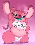  2022 3_fingers 3_toes 4_arms alien angel_(lilo_and_stitch) antennae_(anatomy) anthro artist_name big_breasts big_ears big_nose black_eyelashes black_sclera bodily_fluids breasts camel_toe chubby_female clothing countershading digital_media_(artwork) disney dripping experiment_(lilo_and_stitch) eyelashes feet female fingers fur gesture gradient_background green_tongue hand_on_hip hands_behind_head hi_res licking_teeth lilo_and_stitch looking_at_viewer multi_arm multi_limb naughty_face navel open_mouth open_smile ota_(artist) panties pink_antennae pink_background pink_body pink_countershading pink_ears pink_fur pink_nose pointing pointing_at_self pupils saliva saliva_drip sharp_teeth shirt signature simple_background slightly_chubby slutty_face smile solo standing teeth teeth_showing text text_on_clothing text_on_shirt text_on_topwear thick_thighs toes tongue topwear underwear white_background white_clothing white_panties white_pupils white_underwear wide_hips 