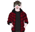  anthro black_clothing black_topwear blackscour blep bottomwear brown_hair cheek_tuft clothed clothing dark_hair domestic_cat facial_tuft felid feline felis front_view fur glistening glistening_eyes green_eyes grey_body grey_bottomwear grey_clothing grey_fur grey_pants hair half-length_portrait hand_in_pocket hi_res jacket looking_aside male mammal pants pink_nose pink_tongue pockets portrait pupils red_clothing red_jacket red_topwear simple_background slit_pupils solo standing tongue tongue_out topwear tuft whiskers white_background white_body white_fur 