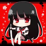  1girl bangs barefoot black_hair black_sailor_collar black_skirt chibi closed_mouth commentary_request floral_background full_body holding holding_sheath holding_sword holding_weapon katana kureha_(sound_voltex) long_hair looking_at_viewer neckerchief panties pleated_skirt red_background red_eyes red_neckerchief rensei sailor_collar sheath shirt short_sleeves sitting skirt solo sound_voltex sword underwear very_long_hair weapon white_panties white_shirt 