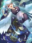  1girl :d ;d ahoge animal_ears black_shorts blue_hair ear_piercing feathers harpy highres libra_fasta_flow monster_girl nekotsuki one_eye_closed piercing pixiv_fantasia pixiv_fantasia_scepter_of_zeraldia red_eyes short_hair shorts smile solo wings 