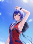  1girl absurdres arm_up armpits bangs blue_eyes blue_hair blue_sky breasts bright_pupils cloud eyebrows_hidden_by_hair hair_between_eyes highres kamitsubaki_studio kizakura_art light looking_at_viewer multicolored_hair pink_hair rim_(kamitsubaki_studio) short_hair sky sleeveless solo sunlight upper_body 