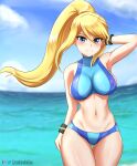  1girl arm_at_side ass_visible_through_thighs bangs bare_shoulders bikini blonde_hair blue_eyes blush breasts canadiananiguy closed_mouth contrapposto cowboy_shot floating_hair hair_between_eyes hand_on_own_head impossible_clothes impossible_swimsuit large_breasts long_hair looking_at_viewer metroid metroid_(classic) navel nintendo ocean outdoors ponytail samus_aran sideboob sidelocks sky smile solo stomach straight-on swept_bangs swimsuit thigh_gap wide_hips wristband 