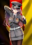  1girl absurdres adjusting_hair arm_up bangs belt black_thighhighs blue_eyes breasts brown_hair coat commentary_request eyebrows_hidden_by_hair german_army glasses hair_between_eyes hair_tie hat highres holding long_hair looking_at_viewer medal military military_hat military_uniform mr.blackcat666 necktie original pantyhose shirt smile solo thighhighs uniform white_shirt 
