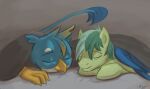  2018 avian bedding blanket blue_body blue_feathers digital_media_(artwork) duo earth_pony equid equine eyebrows eyes_closed feathered_wings feathers feral friendship_is_magic gallus_(mlp) green_body green_hair green_mane gryphon hair hasbro horse kam male mammal mane my_little_pony mythological_avian mythology pony sandbar_(mlp) signature sleeping smile wings 