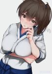  1girl breasts brown_eyes brown_hair commentary_request hakama hakama_short_skirt hakama_skirt japanese_clothes kaga_(kancolle) kantai_collection large_breasts long_hair mani_oniniku side_ponytail skirt solo tasuki upper_body 