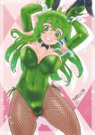  1girl animal_ears apron areola_slip breasts brown_pantyhose dated elbow_gloves fake_animal_ears fishnet_pantyhose fishnets frog_hair_ornament gloves green_apron green_eyes green_gloves green_hair grin hair_between_eyes hair_ornament kei_jiei kochiya_sanae large_breasts leotard long_hair pantyhose rabbit_ears signature smile solo strapless strapless_leotard touhou wrist_cuffs 