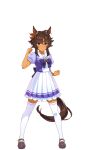  1girl animal_ears arm_up bitter_glasse_(umamusume) bow bowtie brown_eyes brown_footwear brown_hair brown_ribbon clenched_hands dark-skinned_female dark_skin ear_ribbon frilled_skirt frills full_body highres horse_ears horse_girl horse_tail horseshoe_ornament loafers official_art pleated_skirt puffy_short_sleeves puffy_sleeves purple_bow purple_bowtie purple_serafuku purple_shirt ribbon sailor_collar sailor_shirt school_uniform serafuku shirt shoes short_hair short_sleeves simple_background skirt solo standing tachi-e tail thighhighs tracen_school_uniform transparent_background umamusume white_skirt white_thighhighs 