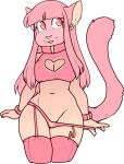  2016 alpha_channel anthro bangs biped bracelet breasts cleavage cleavage_cutout clothed clothing clothing_pull collar felid feline female garter_straps gui_(character) hair jewelry legwear mammal navel panties panty_pull pink_body pink_bracelet pink_clothing pink_collar pink_hair pink_legwear pink_panties pink_thigh_highs pink_topwear pink_underwear portrait simple_background solo thigh_highs three-quarter_portrait topwear transparent_background underwear underwear_pull zyira 
