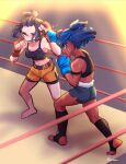  2girls amazu_(kurozu) aoi_(amazu) bare_shoulders barefoot black_hair black_socks blue_gloves blue_hair blue_shorts blush boxing boxing_ring breasts cleavage commentary commission crop_top english_commentary fingerless_gloves forehead gloves highres medium_breasts multicolored_hair multiple_girls navel no_shoes one_eye_closed open_mouth orange_shorts original ponytail red_gloves second-party_source short_shorts shorts socks stirrup_legwear streaked_hair sweat toeless_legwear 