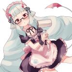  1girl apron bangs black_ribbon blue_hair delmin_(show_by_rock!!) glasses hair_ribbon highres holding horns long_hair looking_at_viewer maid maid_apron maid_headdress nyama open_mouth paintbrush red_eyes ribbon show_by_rock!! solo tail very_long_hair 