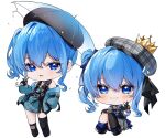  bare_shoulders blue_eyes blue_hair chibi holding holding_umbrella hololive hoshimachi_suisei looking_at_viewer single_thighhigh sitting standing thighhighs transparent transparent_umbrella umbrella v yuuyu_(moco20111115) 