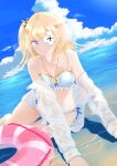  1girl absurdres azur_lane bikini blonde_hair blue_eyes bow bow_bikini breasts eyepatch feet_out_of_frame highres hoyura le_terrible_(azur_lane) le_terrible_(sunlight_seaspray_and_sanctity)_(azur_lane) looking_at_viewer medium_hair official_alternate_costume one_eye_covered pink_innertube see-through see-through_sleeves small_breasts solo swimsuit water 