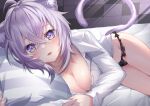  1girl ahoge animal_ears black_panties breasts cat_ears cat_girl cat_tail cleavage cococo_moru collared_shirt commentary hair_between_eyes hololive large_breasts looking_at_viewer lying naked_shirt nekomata_okayu on_bed on_side open_mouth panties partially_unbuttoned purple_eyes shirt tail underwear virtual_youtuber 