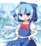  1girl :d bangs blue_bow blue_eyes blue_hair blue_skirt blue_vest blue_wings bow character_name cirno collared_shirt commentary_request detached_wings hair_bow hands_on_hips highres ice ice_wings looking_at_viewer puffy_short_sleeves puffy_sleeves red_bow rensei shirt short_sleeves skirt skirt_set smile solo touhou twitter_username vest white_shirt wings zoom_layer 