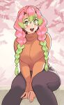  1girl arms_between_legs blush braid breasts green_eyes green_hair hair_between_eyes highres kanroji_mitsuri kimetsu_no_yaiba large_breasts long_hair long_sleeves mole mole_under_eye multicolored_hair open_mouth pink_hair sitting smile solo suoiresnu sweater twin_braids 