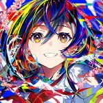  1girl bangs black_hair blue_sailor_collar bow branch brown_eyes commentary_request egasumi flower grin hair_between_eyes highres looking_at_viewer mika_pikazo multicolored_hair original pink_flower red_bow sailor_collar shirt short_sleeves smile solo upper_body water white_shirt 