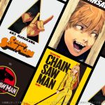  1girl 2boys a_clockwork_orange chainsaw_man character_name demon_horns denji_(chainsaw_man) fox_shadow_puppet hayakawa_aki here&#039;s_johnny!_(meme) horns jumpsuit jurassic_park kill_bill looking_at_viewer meme movie_poster multiple_boys official_art open_mouth parody pochita_(chainsaw_man) power_(chainsaw_man) sharp_teeth smile standing teeth the_shining yellow_jumpsuit 